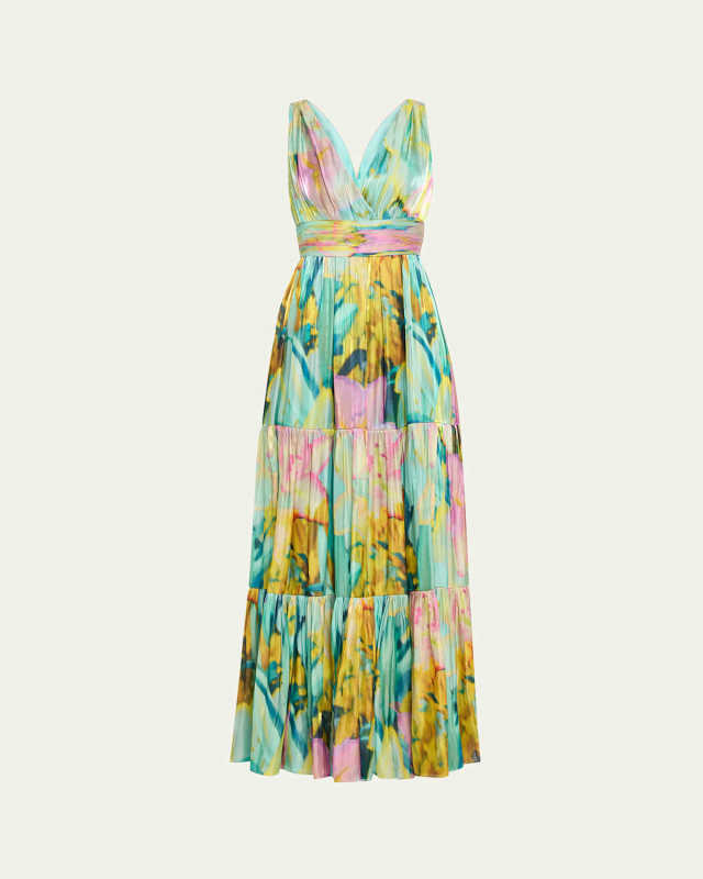 Britt Tiered Metallic Satin Maxi Dress